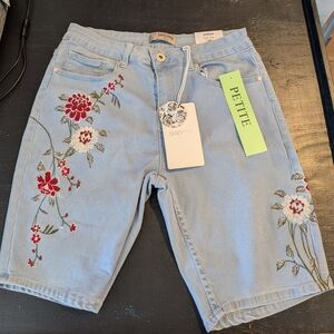 Petite Light Blue Embroidered Floral Denim Shorts
